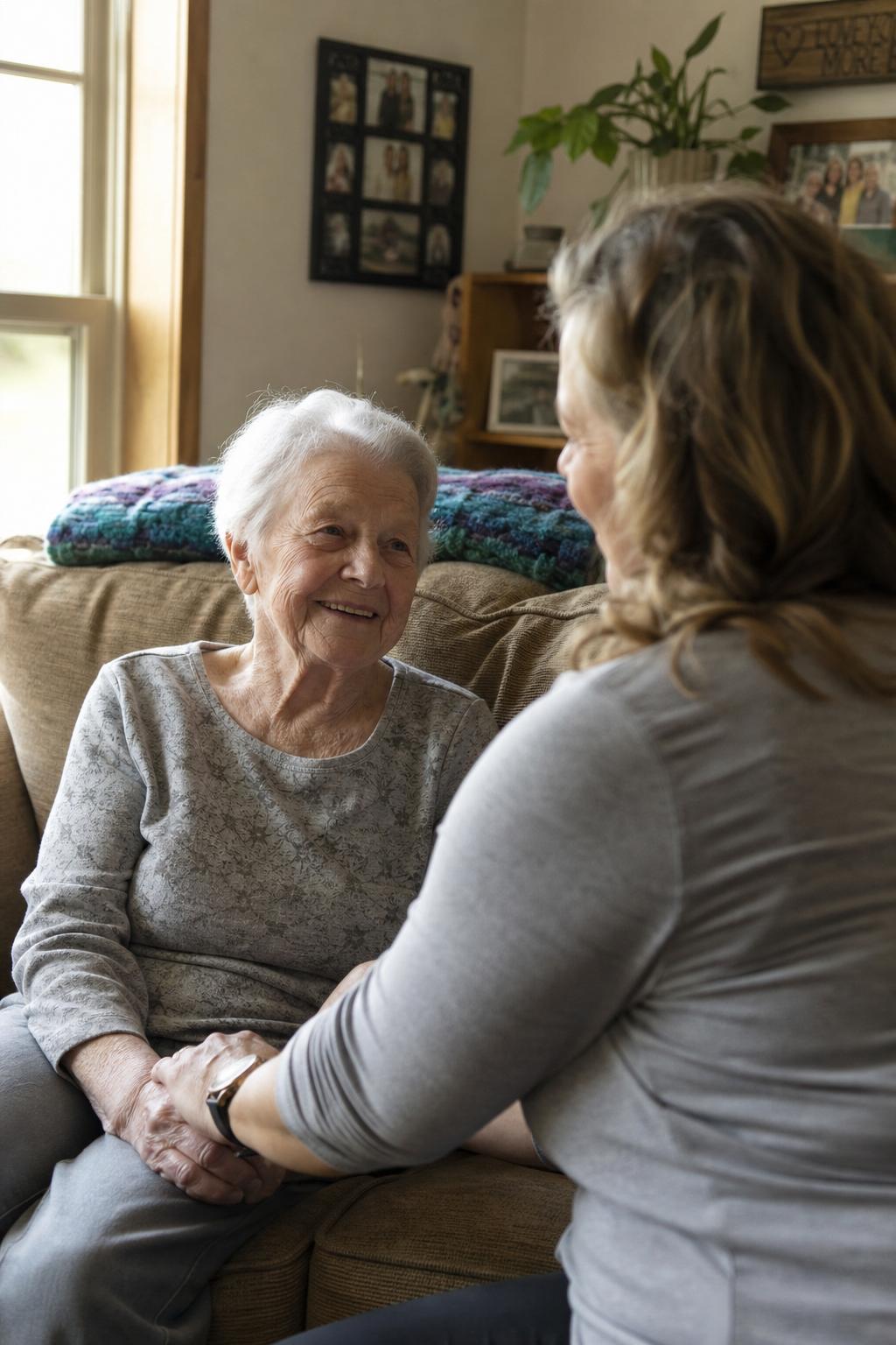 Caregiver smiling with senior woman in a sunlit living room